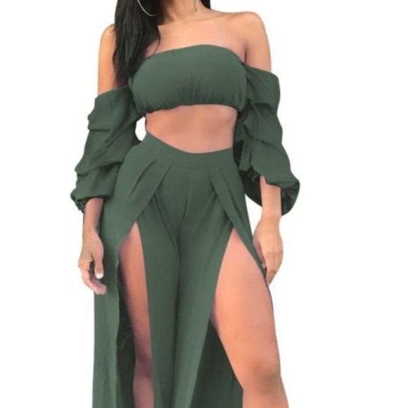 Golden Goddess Wear Pants - Strapless Bandeau 2 Piece Set High Slit Pants